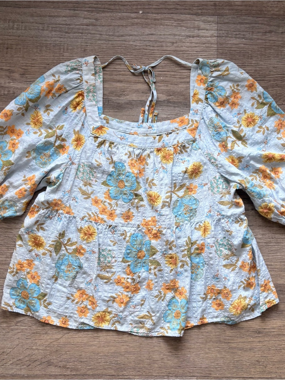 a.n.a Floral Square-Neck Cotton Peasant Blouse Fall Coastal Cottagecore Top Sz L